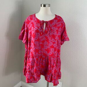 Terra & Sky Womens Plus 3X Floral Tiered Tunic Top Short Sleeve Swing Shirt